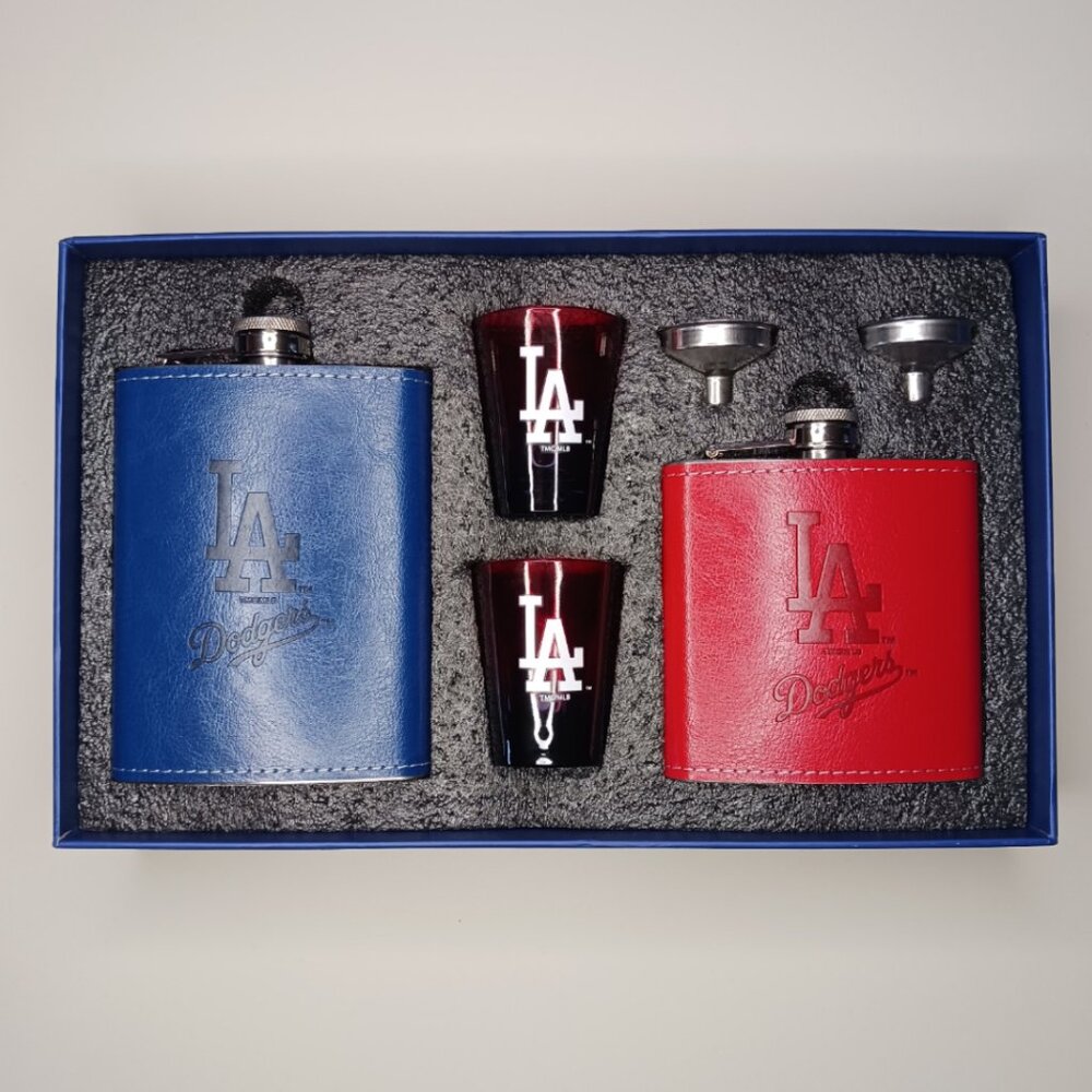LA Dodgers 2 Faux Leather Flasks 2 Shot Glasses 2 Funnels MLB 6 Piece Set